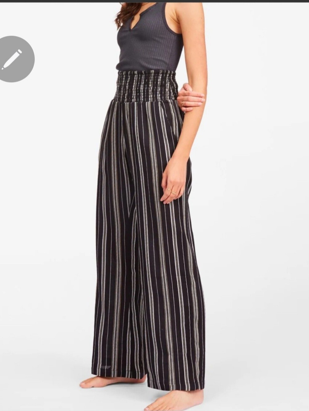 Billabong Black and White Striped Wide-Leg Smocked Waist Pants Sz M